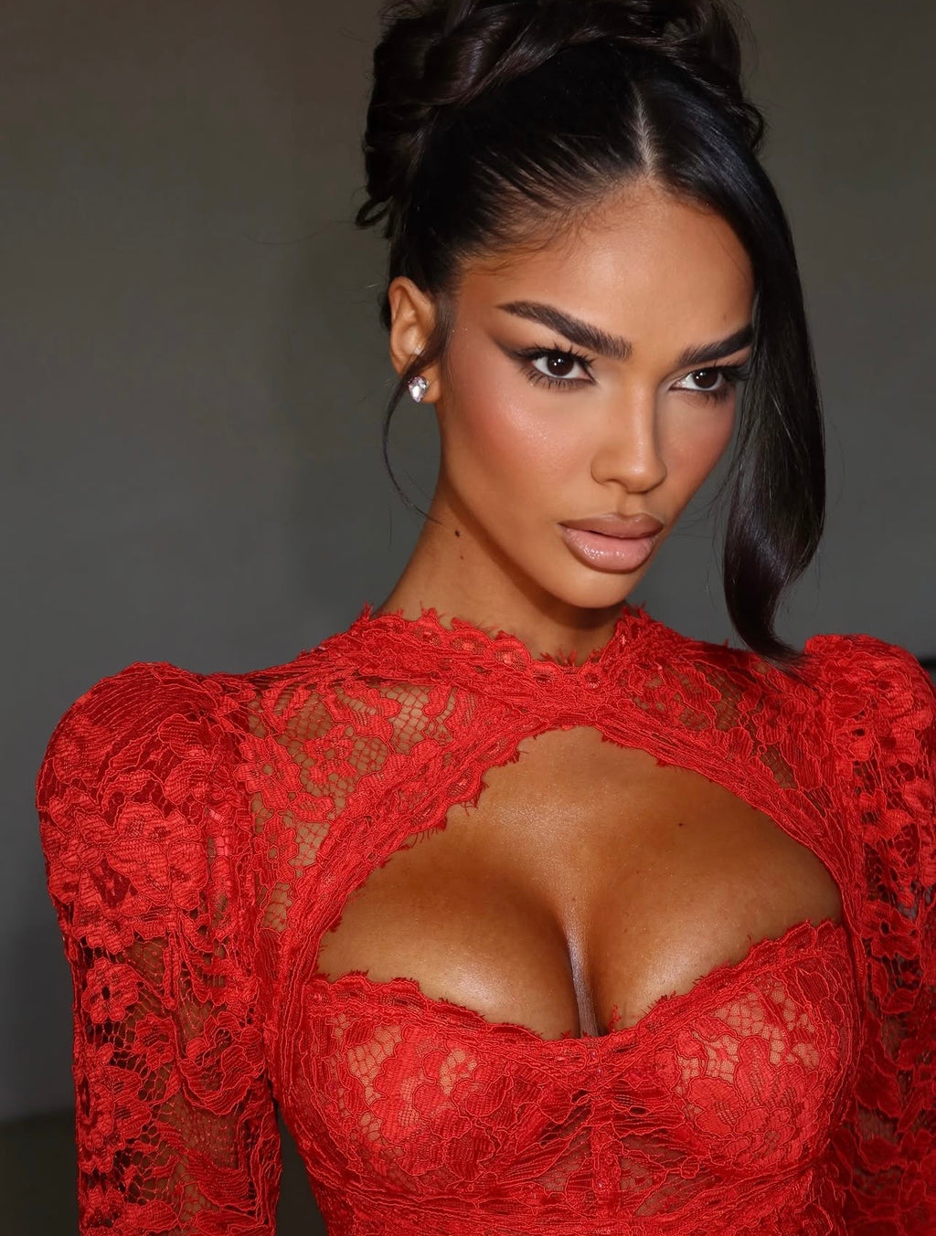 Red Lace Ruffle Gown