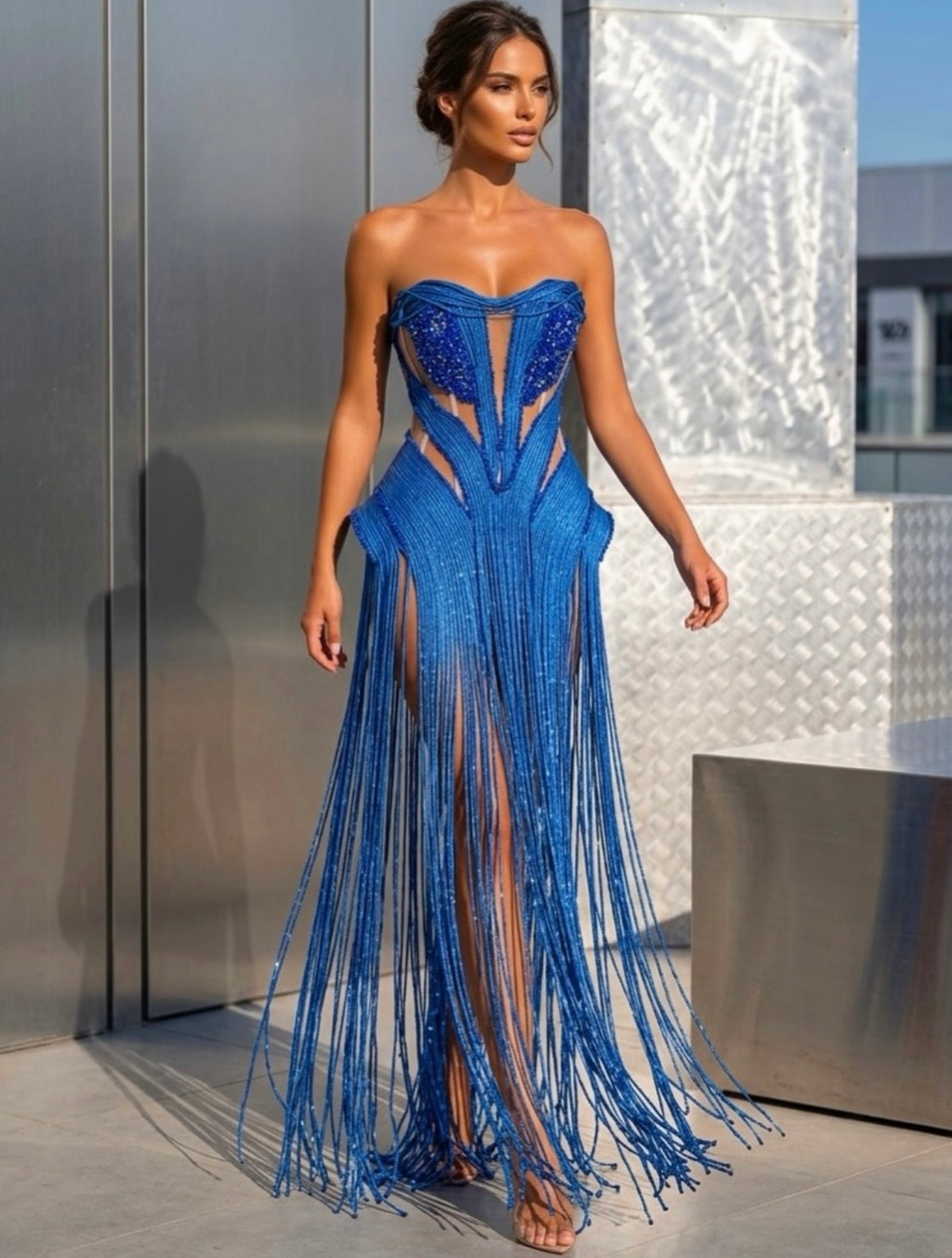 Blue Fringes Embroidered Dress