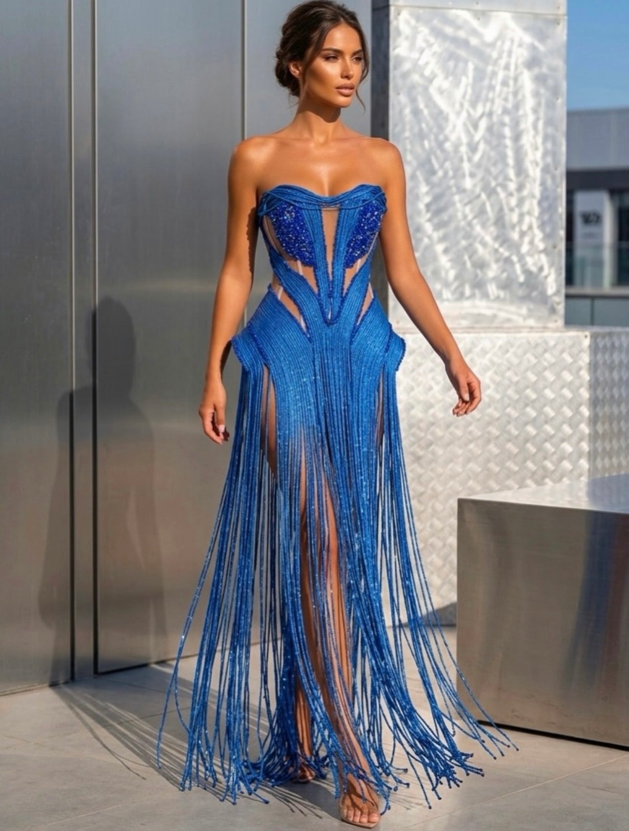 Blue Fringes Embroidered Dress