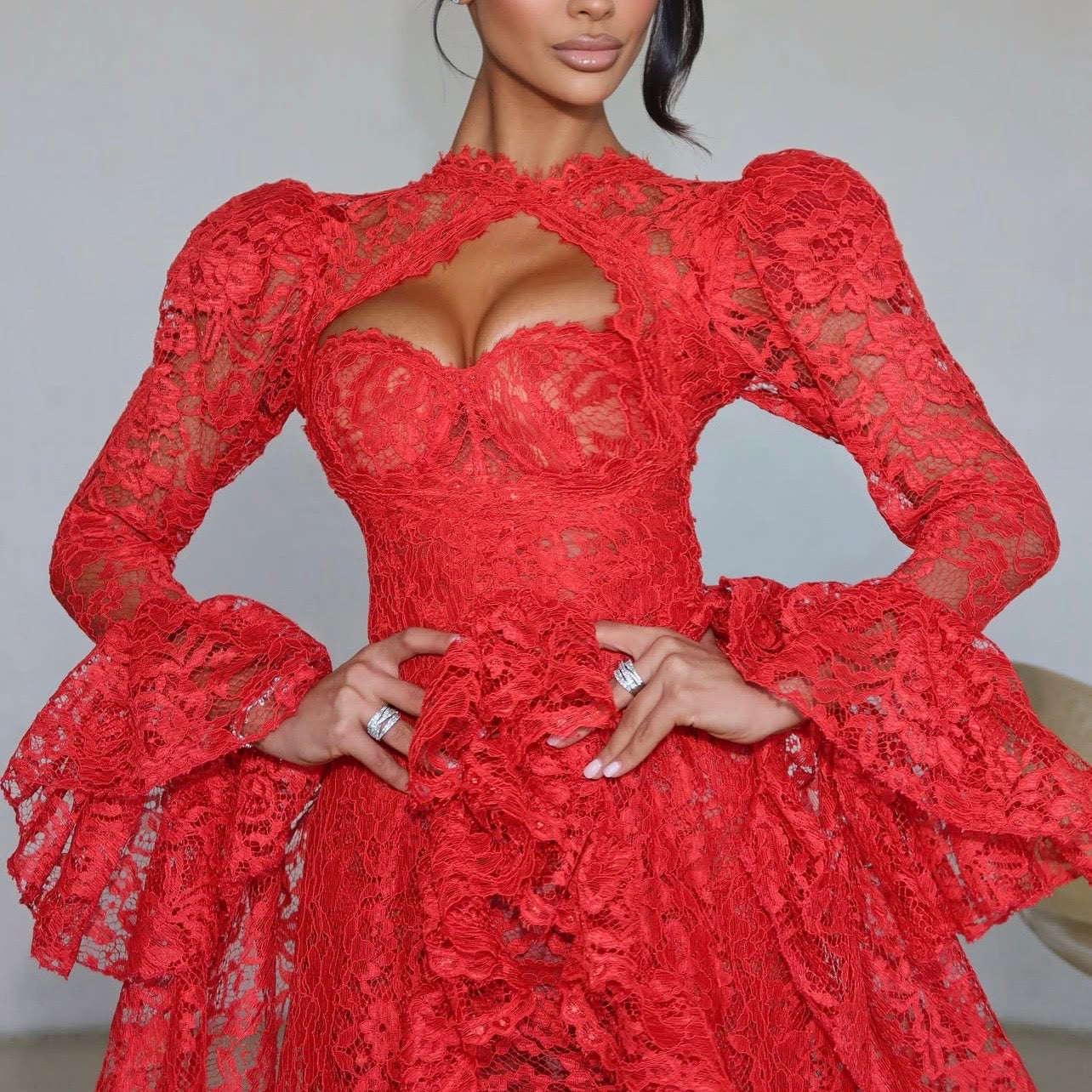 Red Lace Ruffle Gown