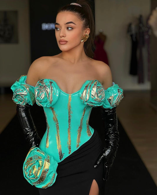 Turquoise & Gold Painted Corset Gown