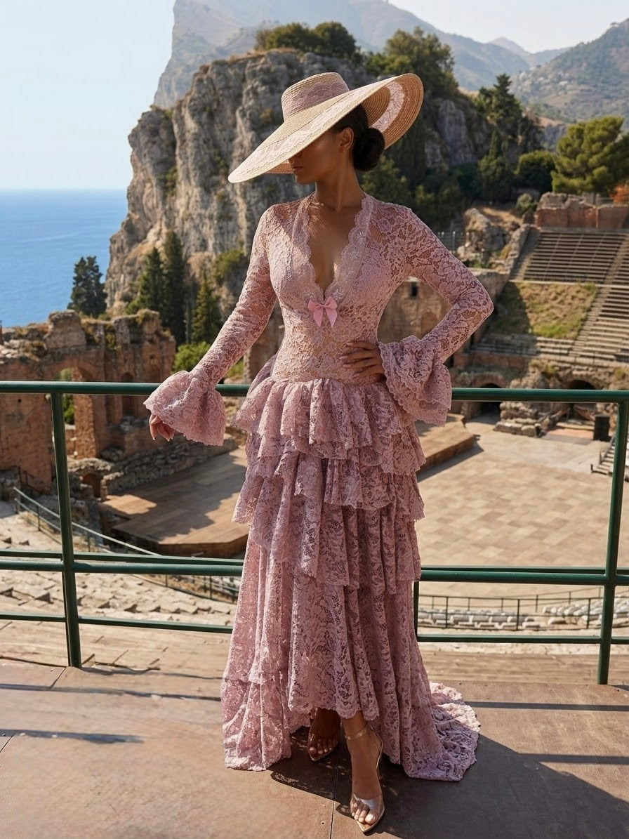 Nude Lace Ruffled Gown