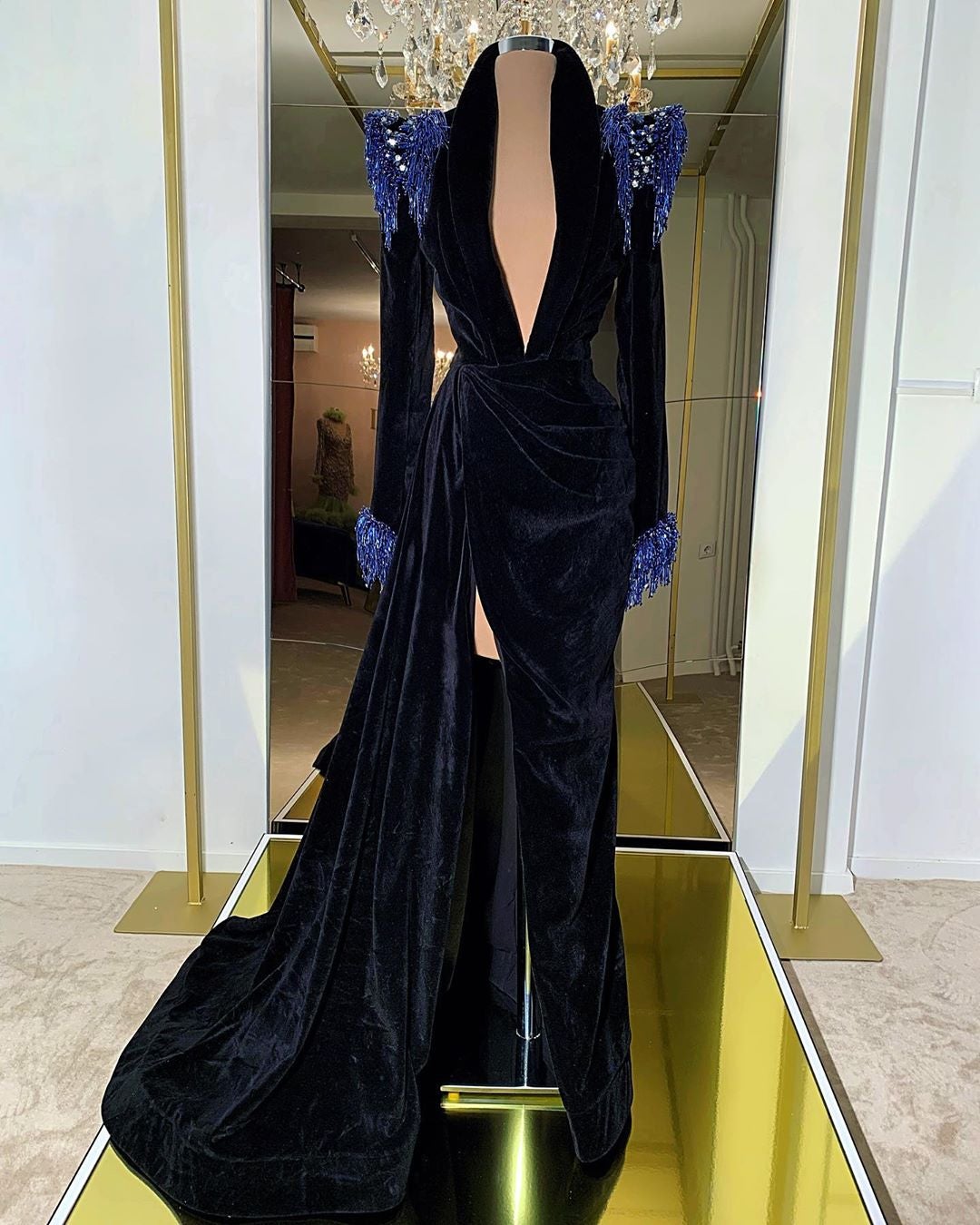 Black Velvet & Royal Blue Details Gown Dona Matoshi Black Velvet & Royal Blue Details Gown Dona Matoshi
