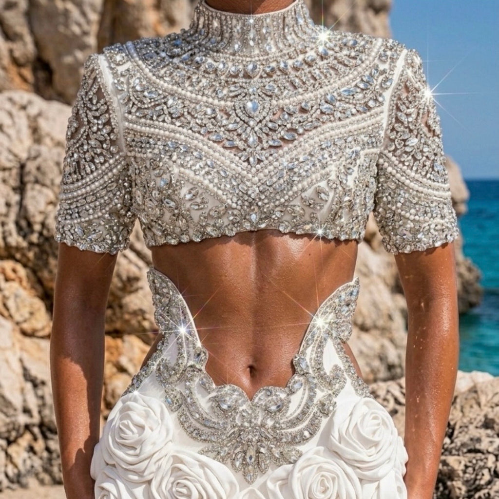 Embellished White Rose Mini Dress
