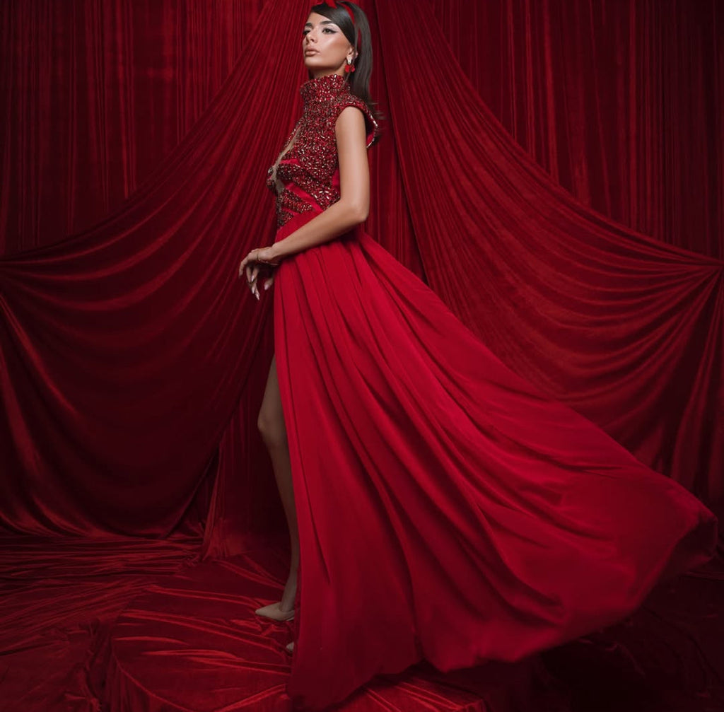 Red Crystal Top & Silk Bottom Dress