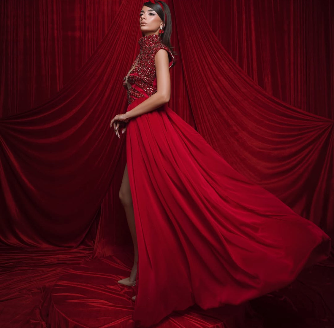 Red Crystal Top & Silk Bottom Dress