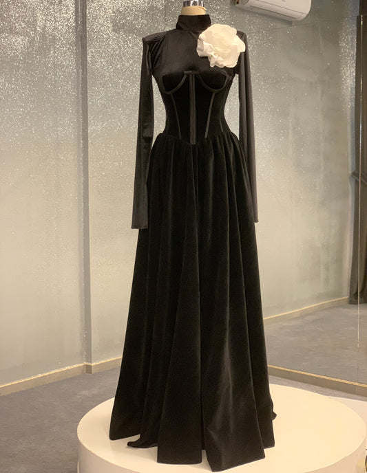 Black Velvet Gown with a White Rose