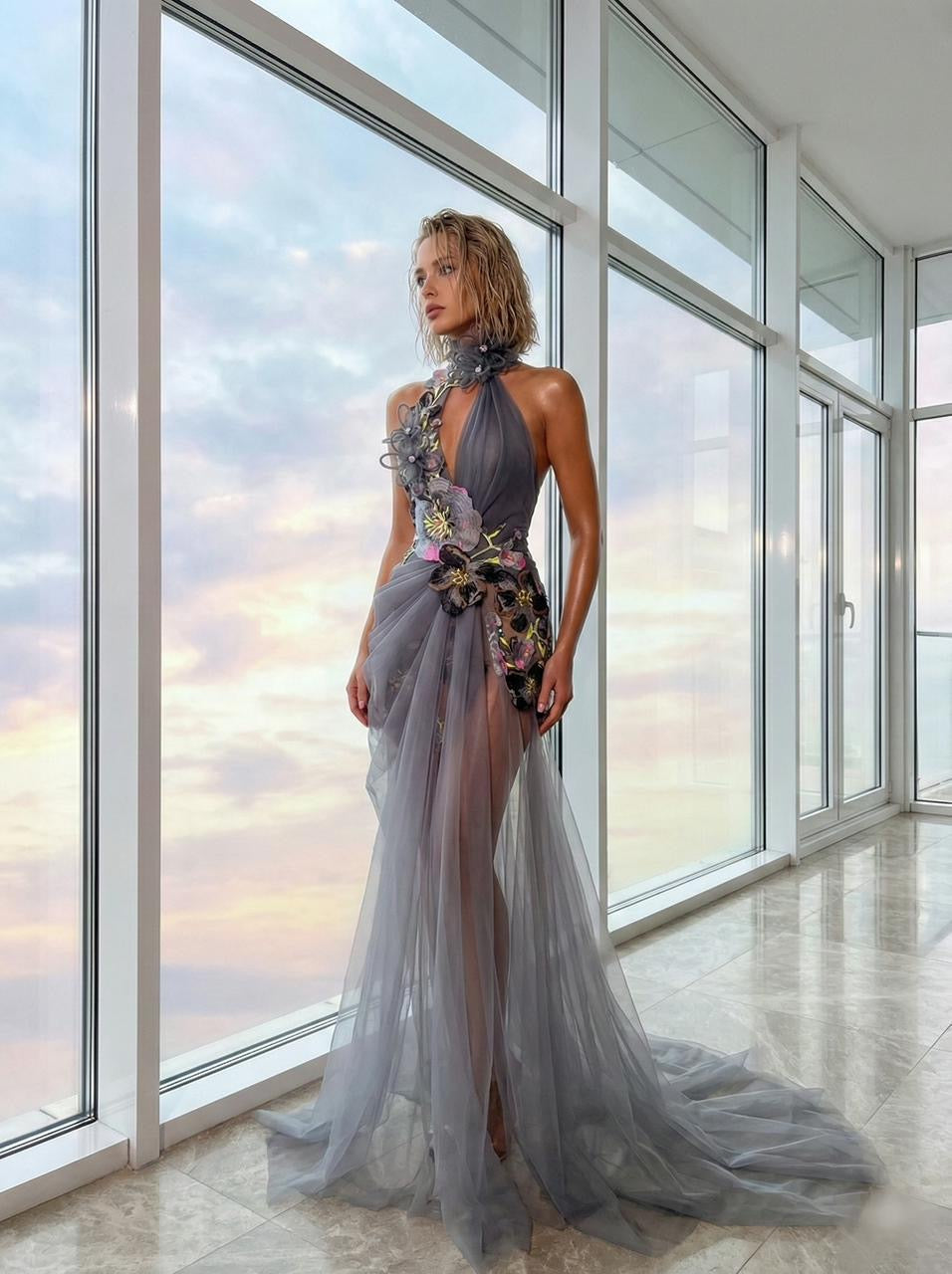 Grey Floral Gown