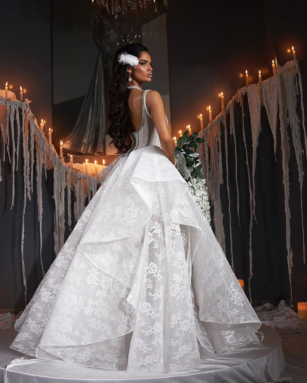 White Lace Assymetrical Wedding Gown