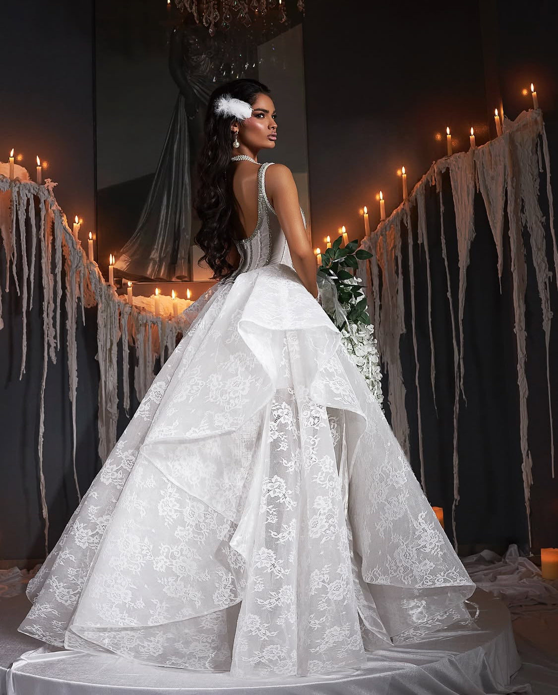 White Lace Assymetrical Wedding Gown