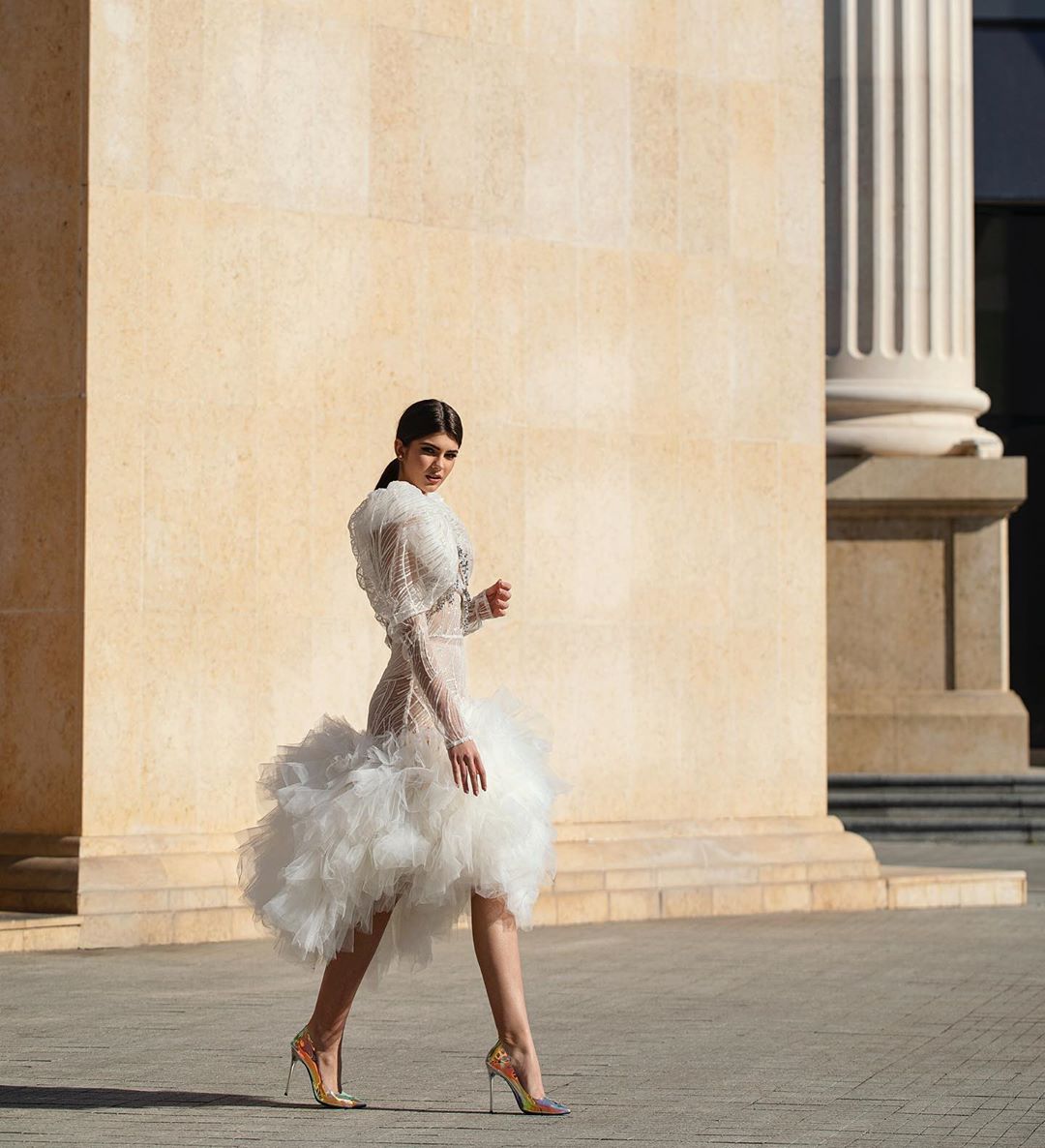 White Bridal Puffy Sleeves Midi Dress