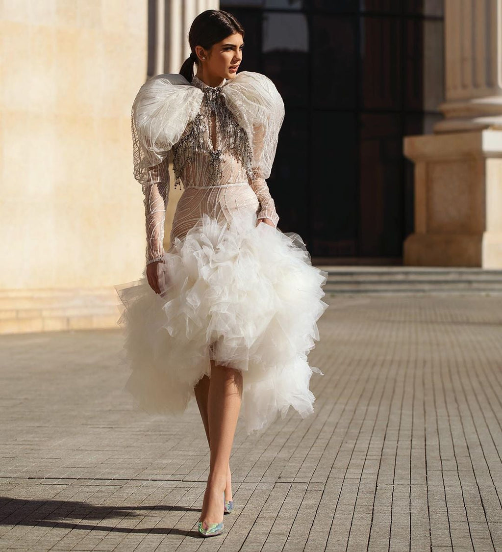 White Bridal Puffy Sleeves Midi Dress