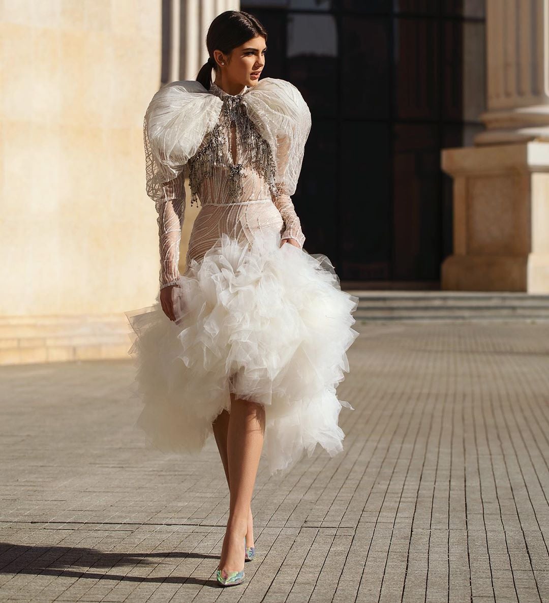 White Bridal Puffy Sleeves Midi Dress