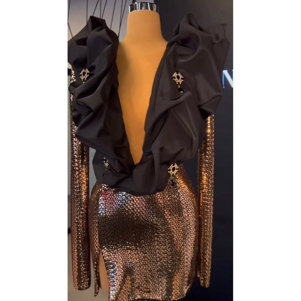 ELS-AB75751 NAVY&GOLD TAFFETTA DRESS
