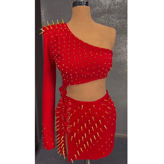 Red Velvet & Gold Spikes Dress