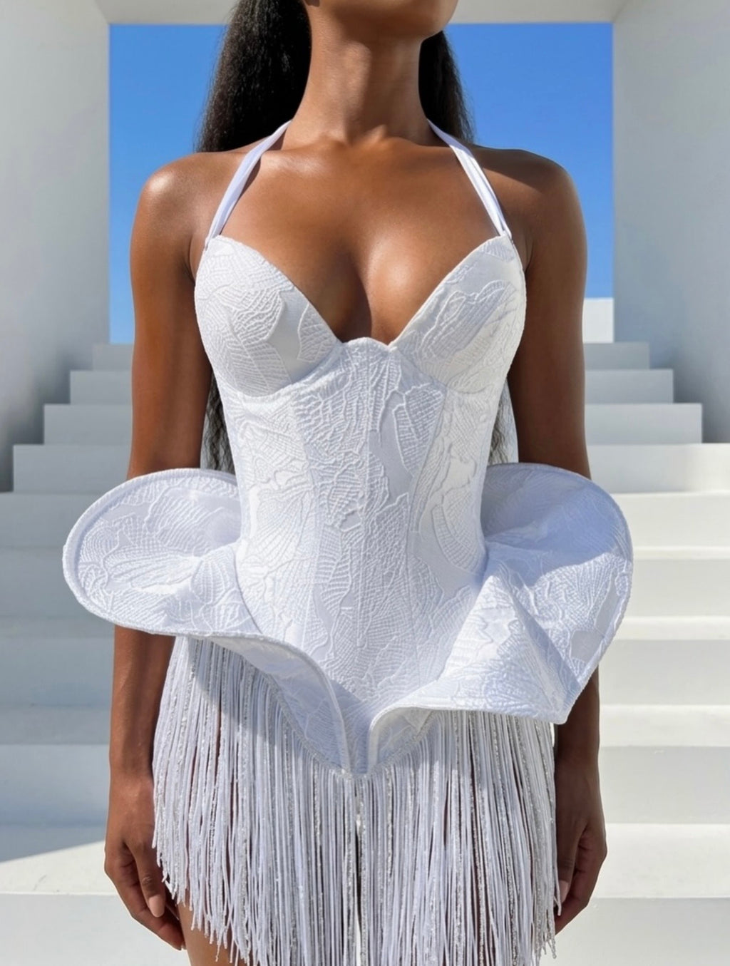 Brocade Corset Short Wedding Dress with Fringes
