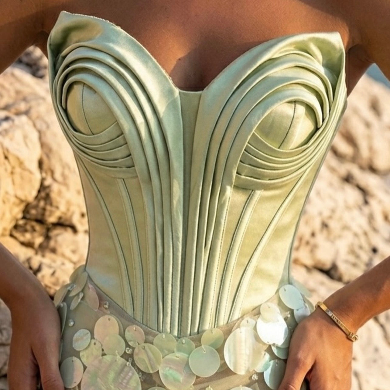 Green Sequin Gown with Detailed Corset