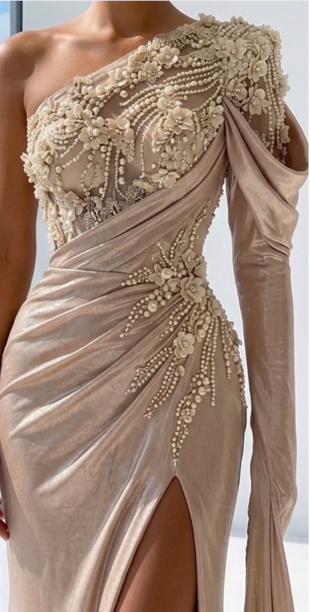 Cream Embellished One Shoulder Gown
