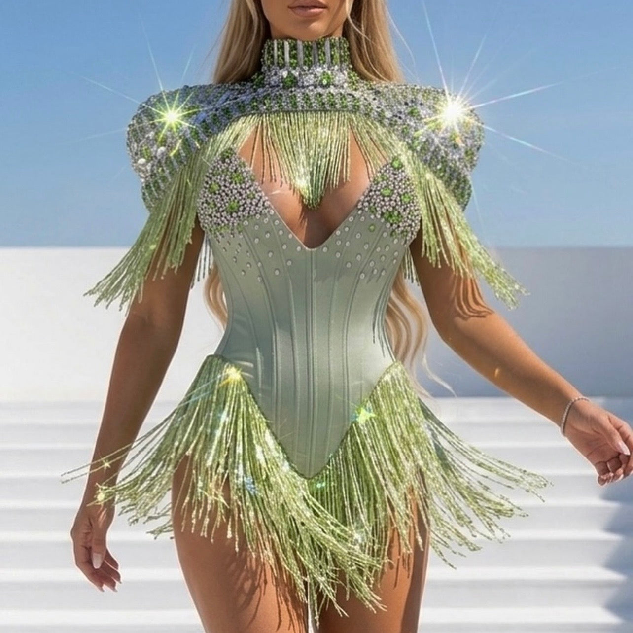 Green Fringes Embellished Dress