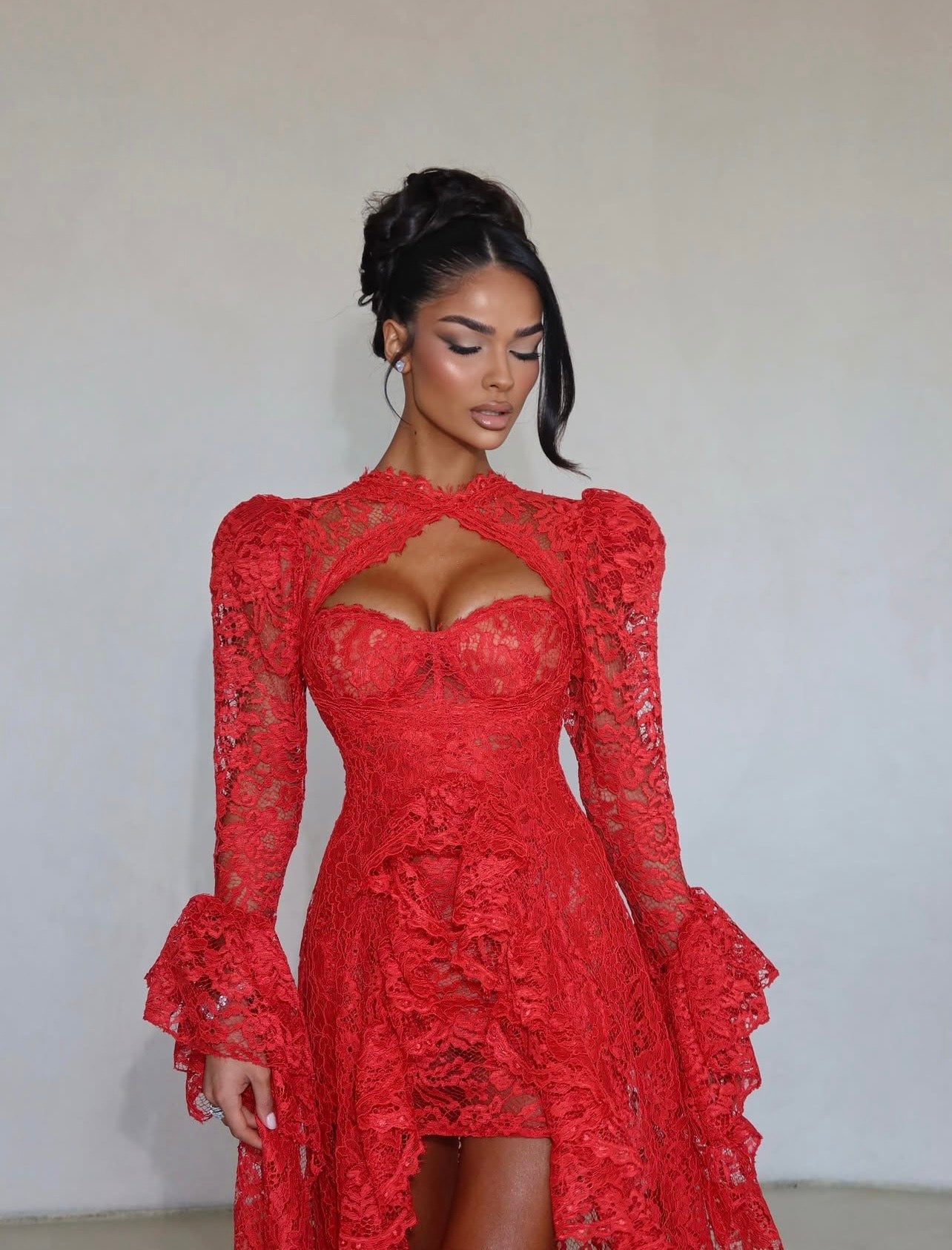 Red Lace Ruffle Gown