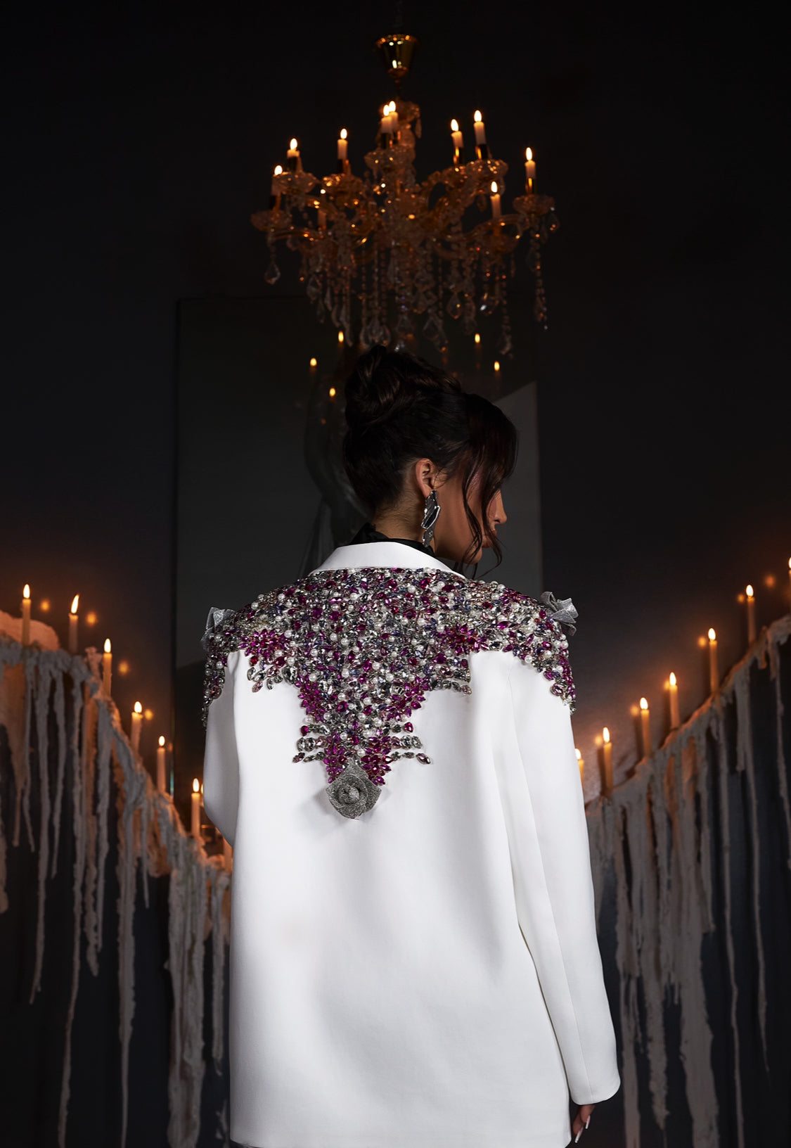 White Embellished Blazer & Black Tie