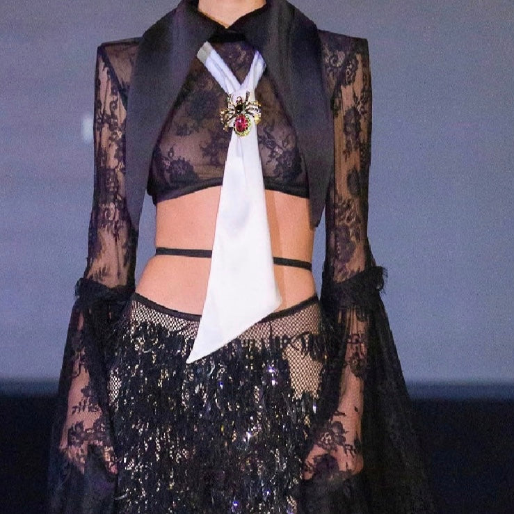 Black Lace Top & Fringes Long Skirt