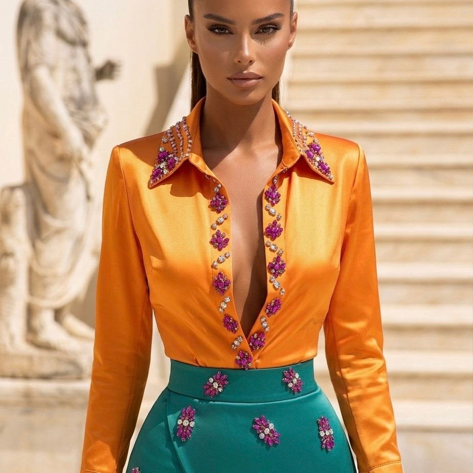 Camel Shirt & Green Long Skirt Set