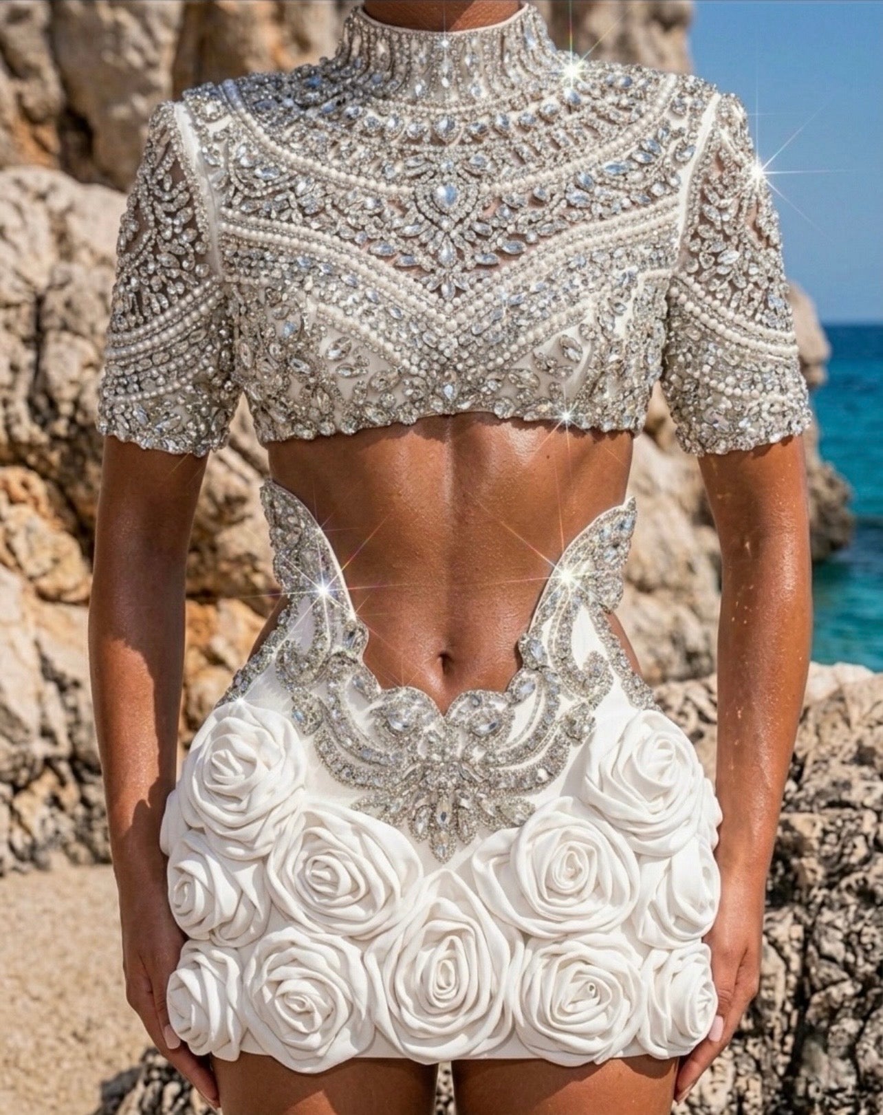 Embellished White Rose Mini Dress