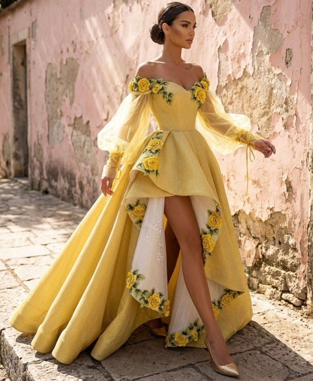 Yellow Floral Assymetric Gown