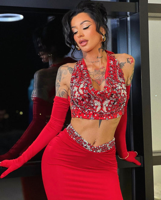 Red Crystal Top & Stretchy Skirt Set