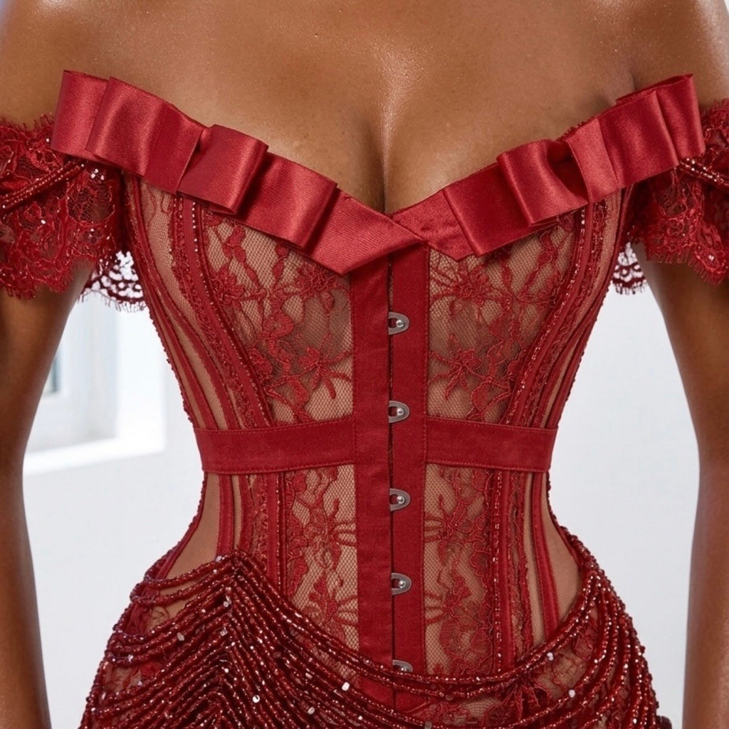 Red Lace Corset Beaded Gown