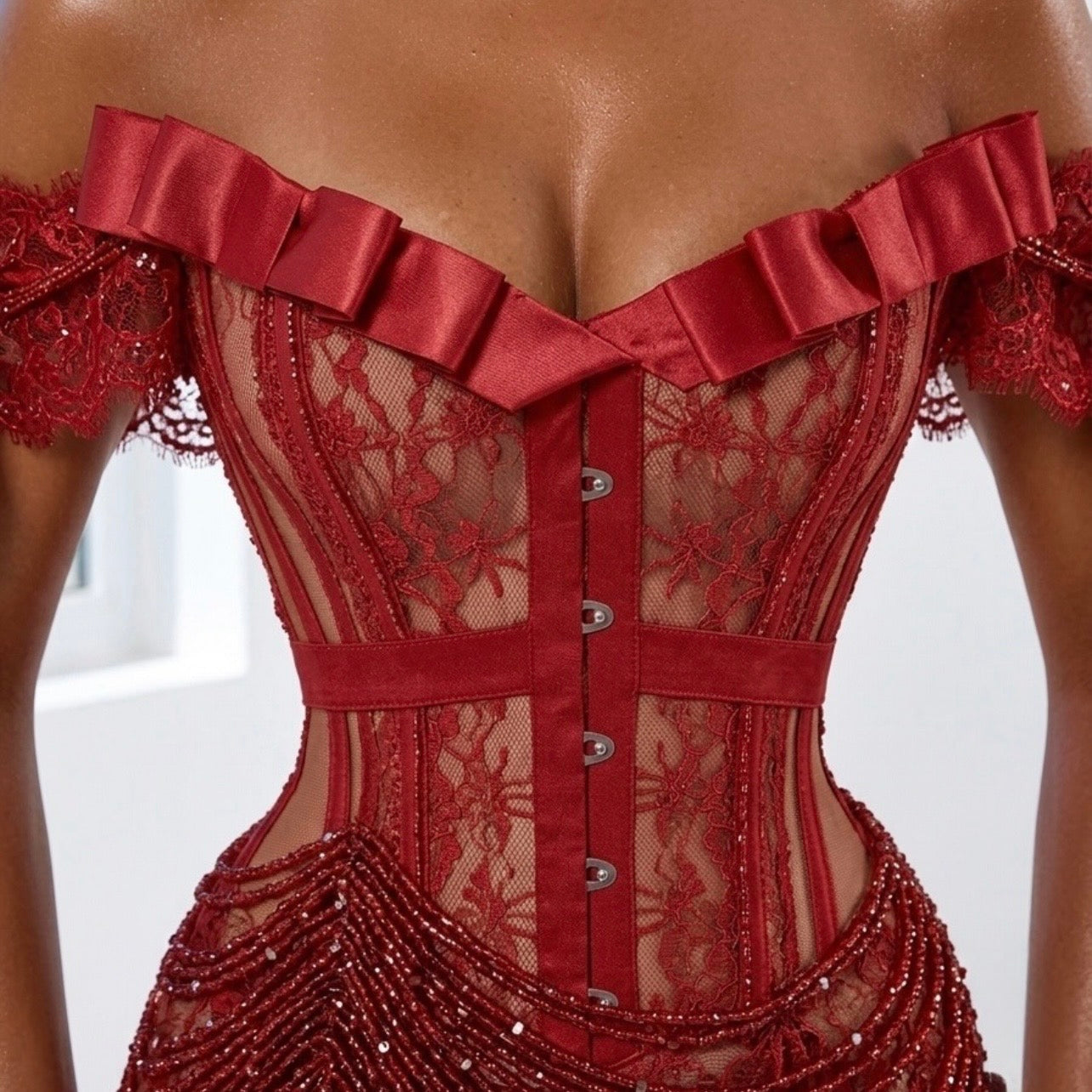 Red Lace Corset Beaded Gown