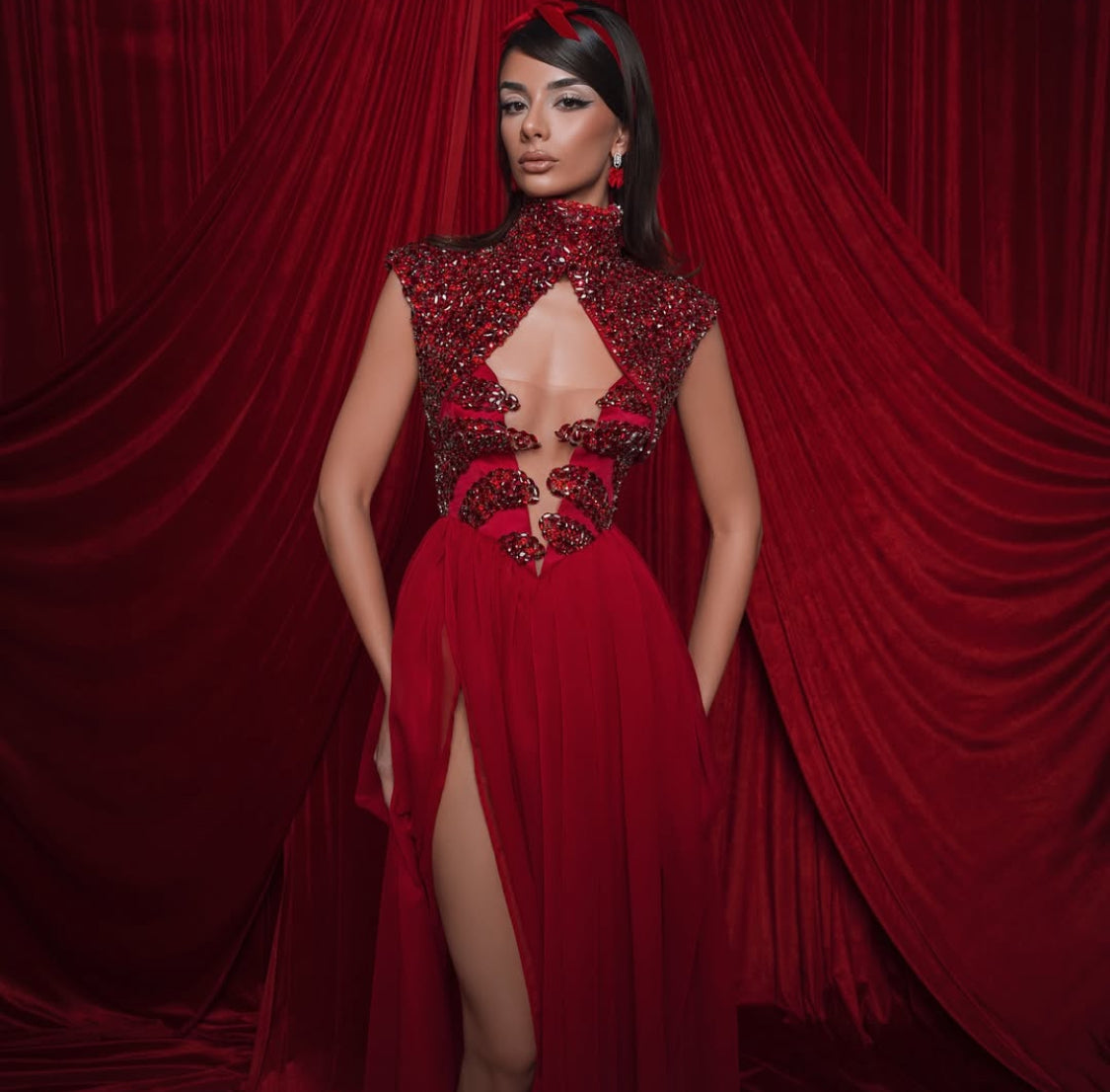 Red Crystal Top & Silk Bottom Dress