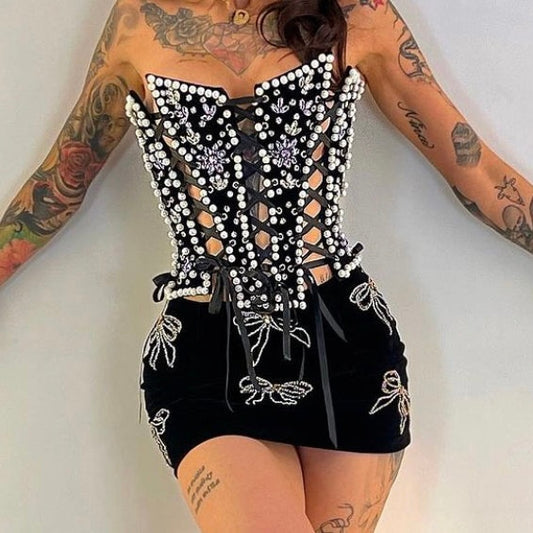 Beaded Corset & Butterfly Velvet Skirt Set