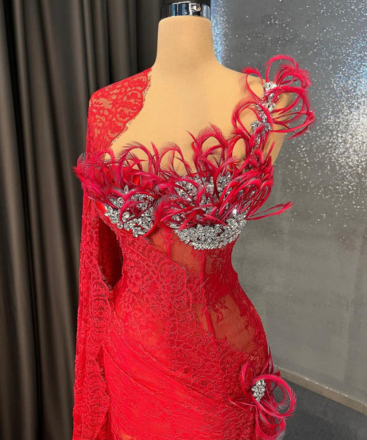Red Lace Embellished with Silver Crystals