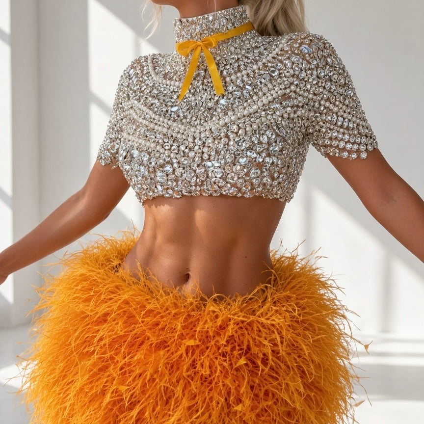 Crystal Top & Yellow Feather Skirt