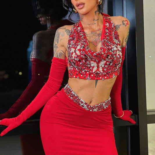 Red Crystal Top & Stretchy Skirt Set