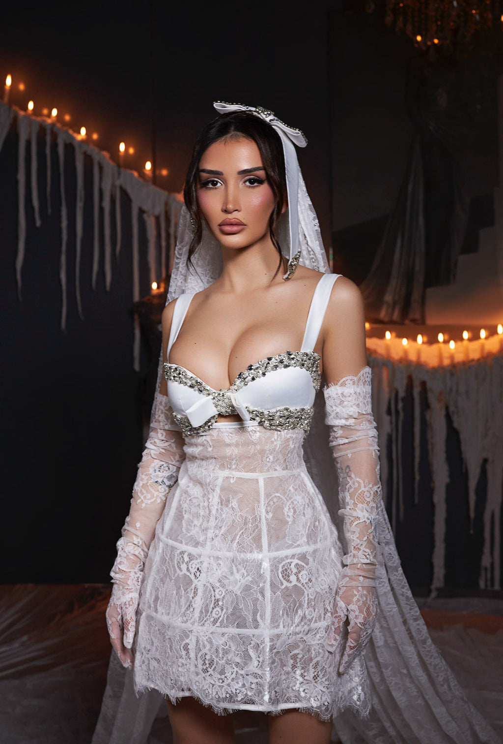 Lace Short Wedding Dress & Long Weil