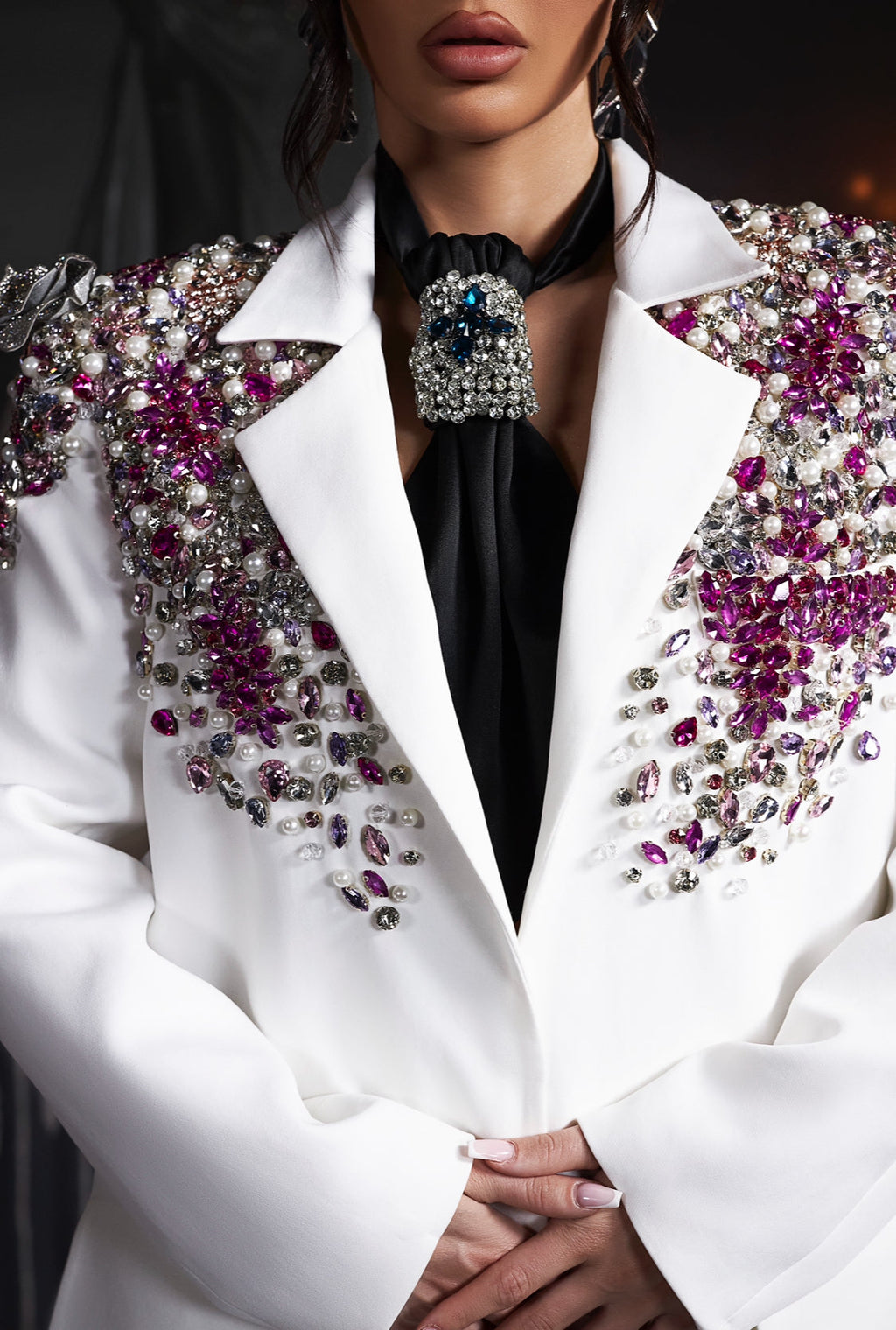 White Embellished Blazer & Black Tie