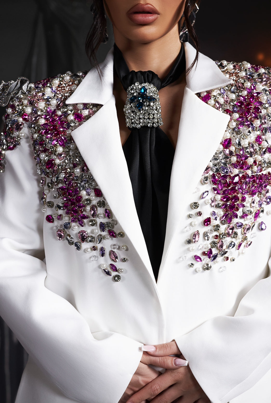 White Embellished Blazer & Black Tie