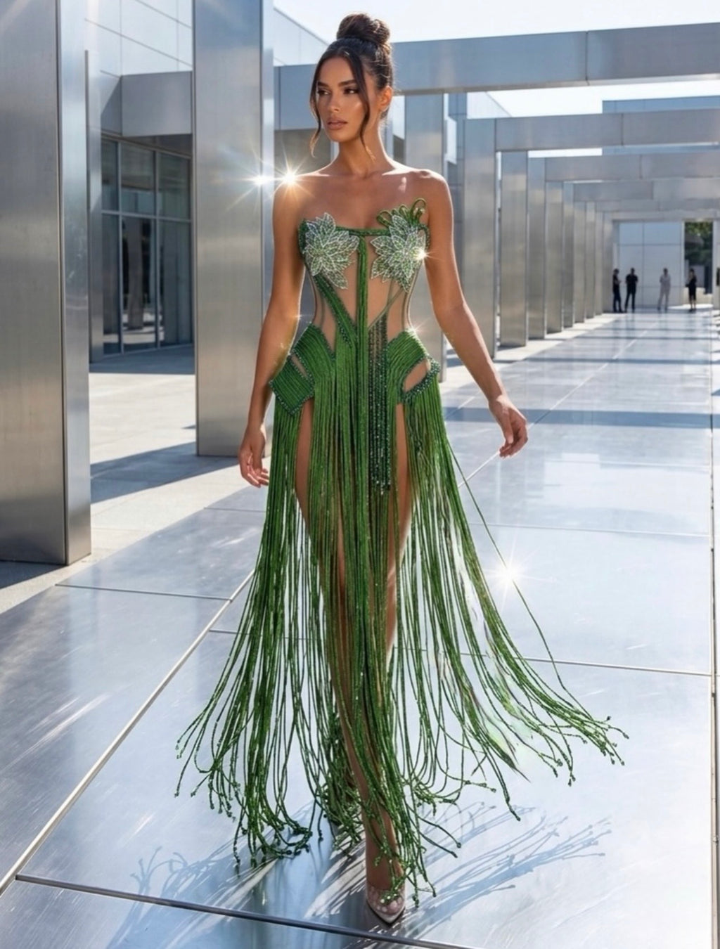 Green Fringes Embroidered Dress