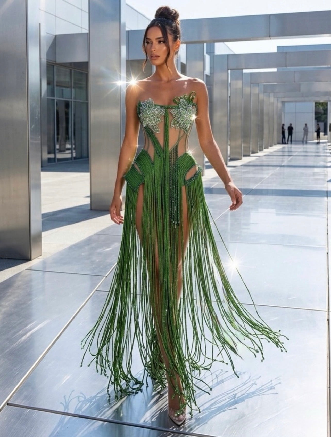 Green Fringes Embroidered Dress