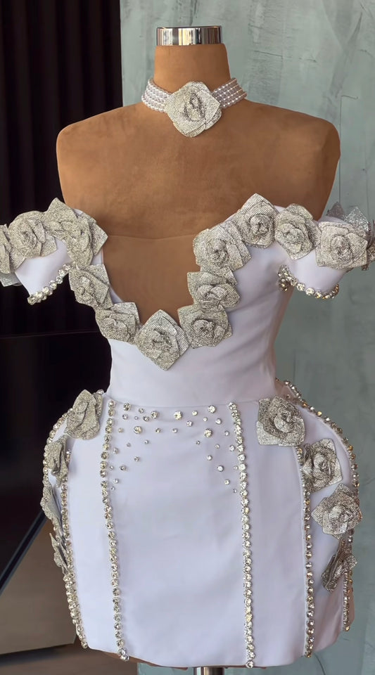 Crystal Rose Embellished Short White Gown