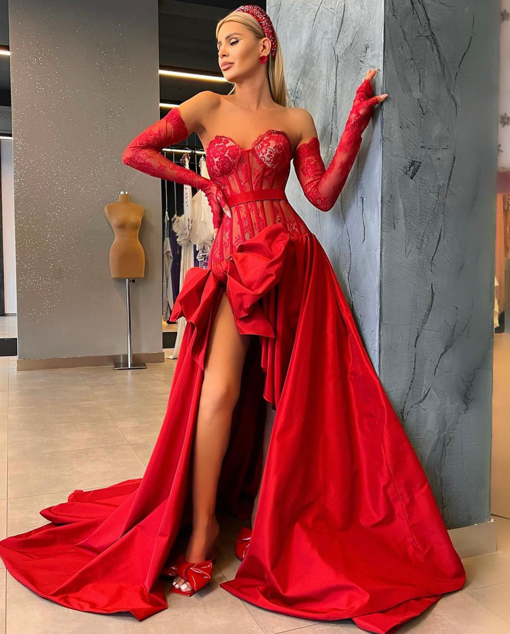 Red Bow Taffeta and Lace Gown