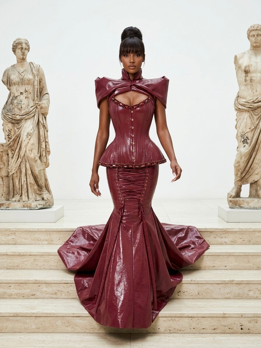 Cherry Red Latex Laced Gown