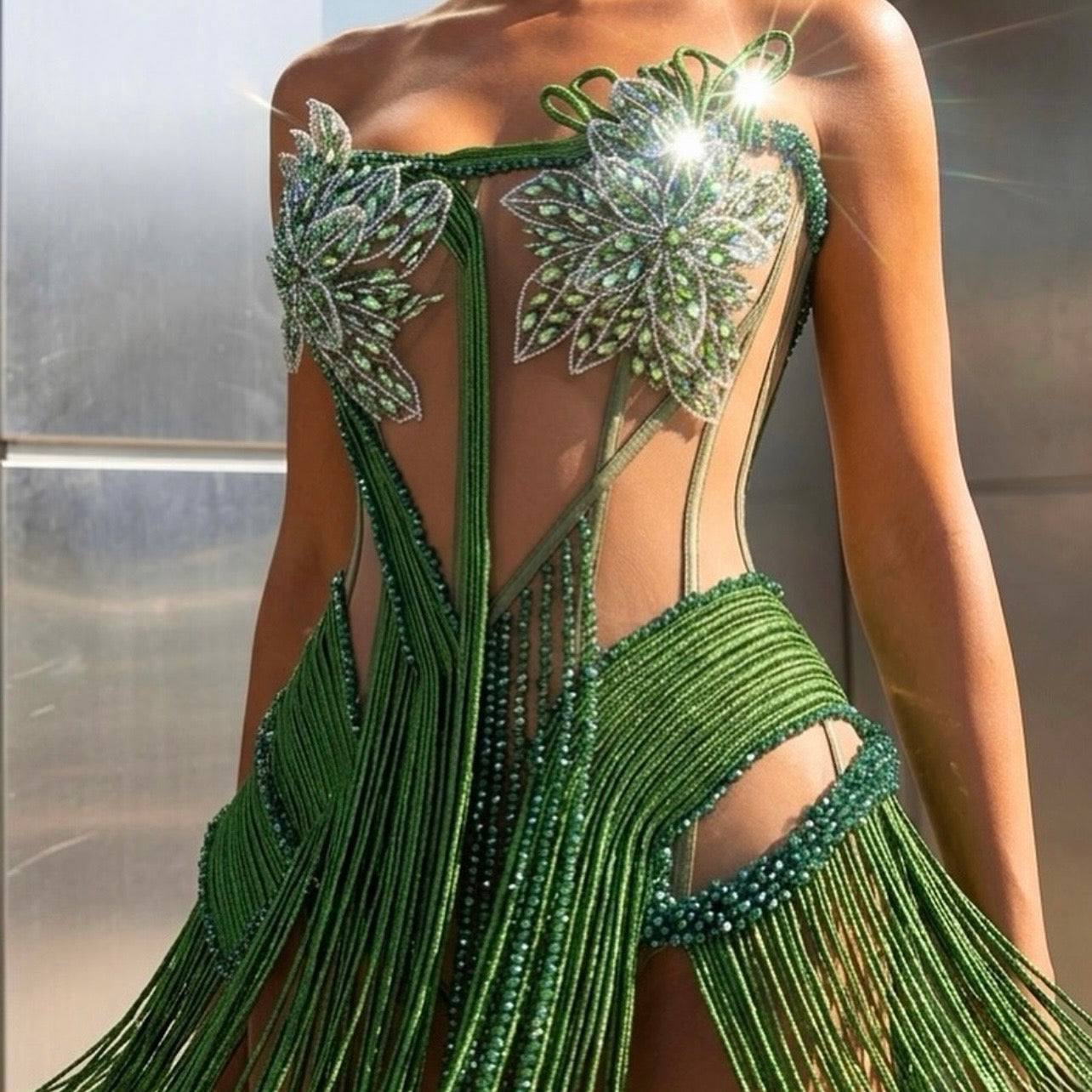 Green Fringes Embroidered Dress