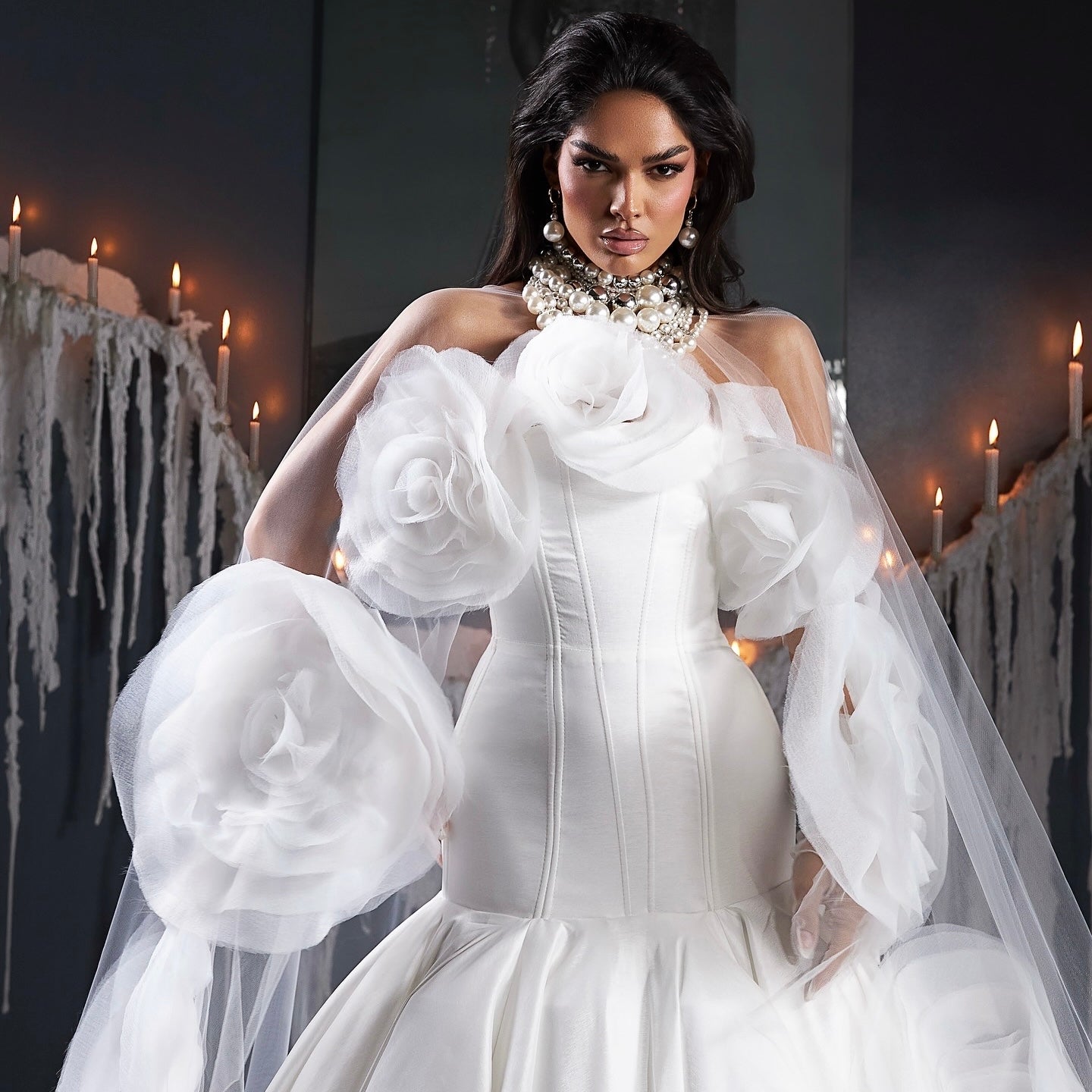 White Mermaid Gown & Rose Cape