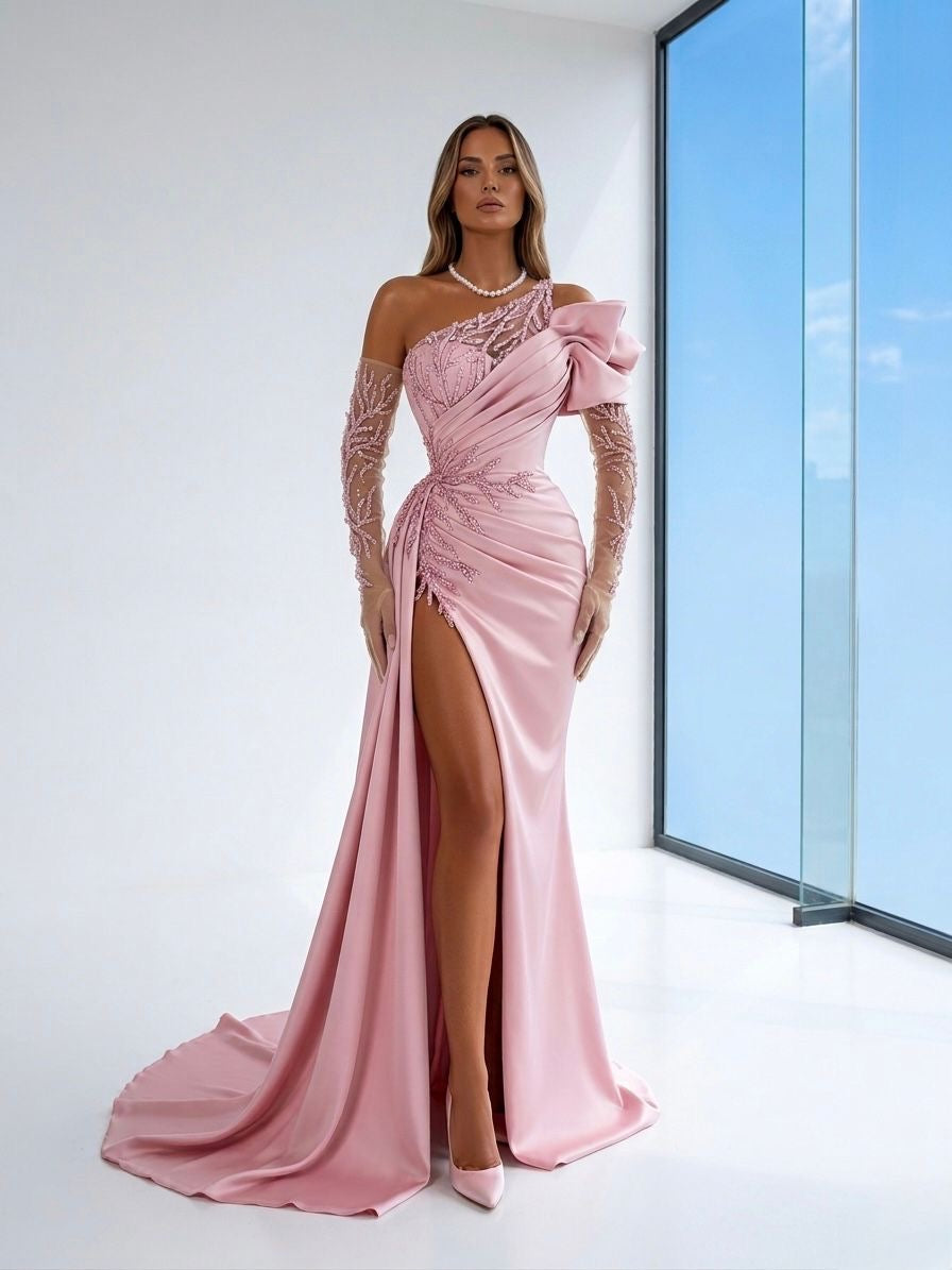 Pink Embellished Elegant Slit Gown
