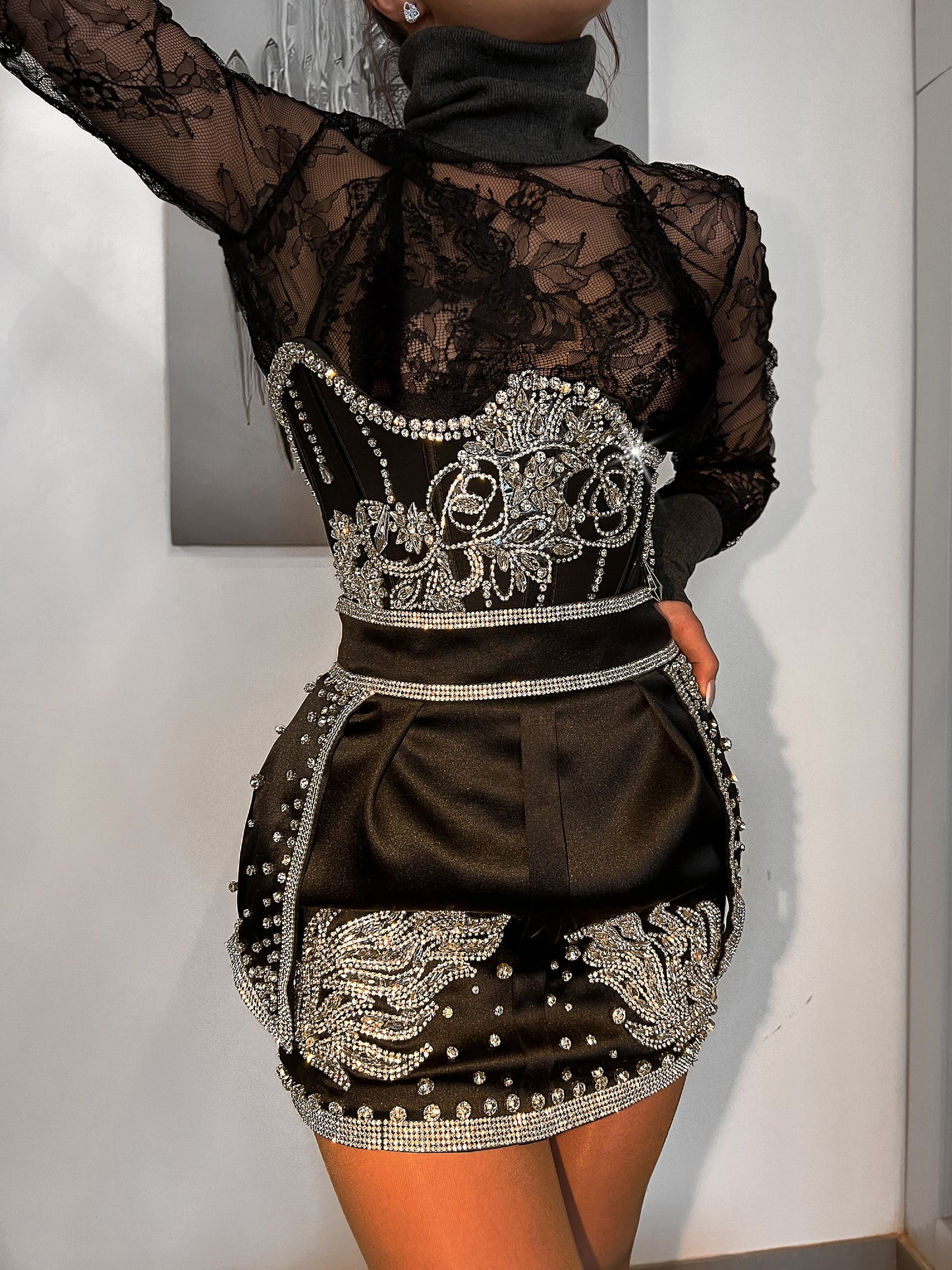 Black  Lace & Crystal Embellished Skirt