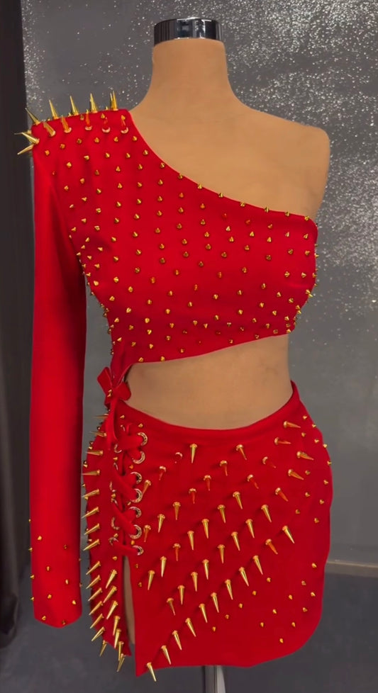 Red Velvet & Gold Spikes Dress